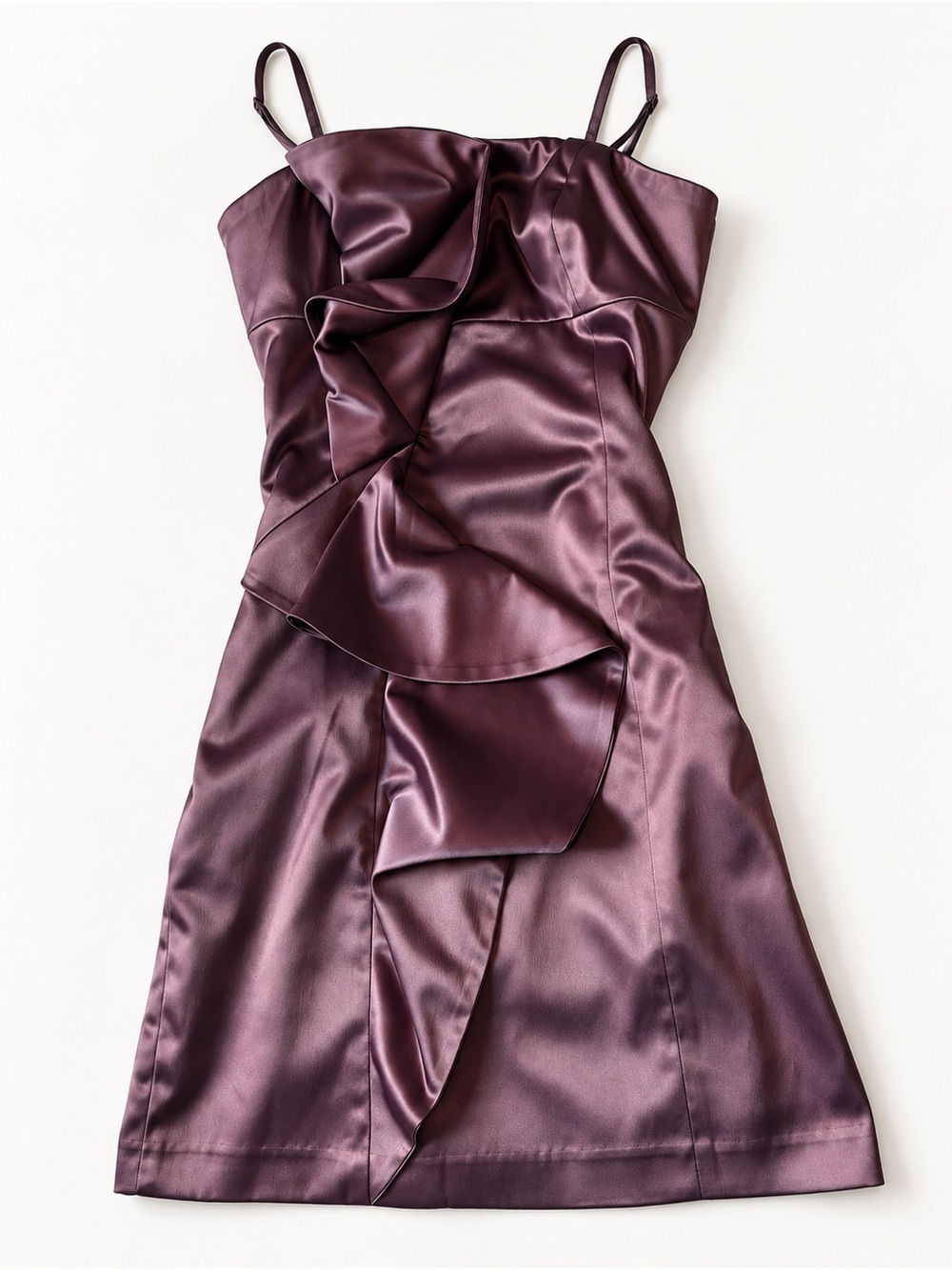 Satin Ruffle Mini Dress in Plum